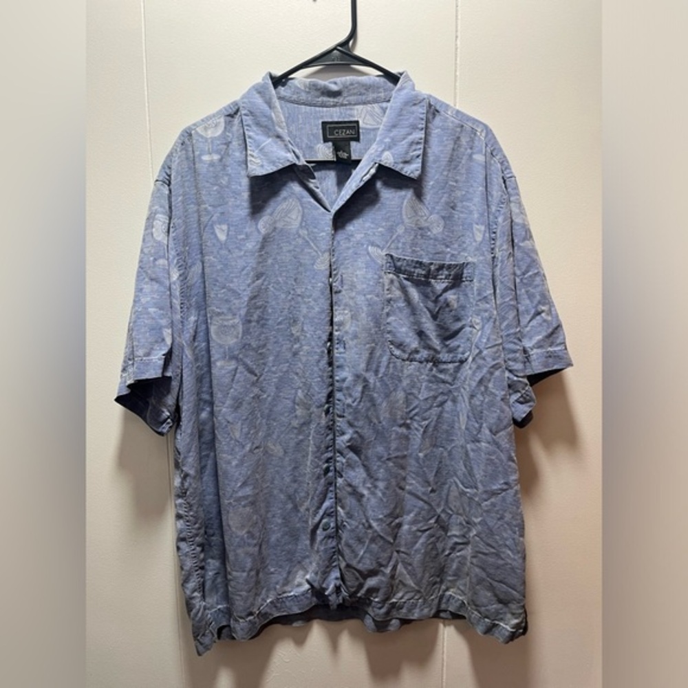 Cezani 100% Silk Tropical Collard Short Sleeve Button Up Shirt Size Large Drinks